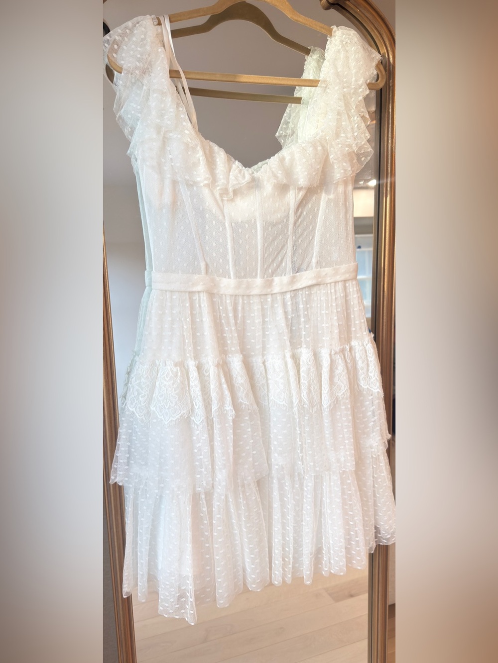 BCBGMaxazria White Corset Tiered Swiss Dot Mini Dress Size 10 NWT